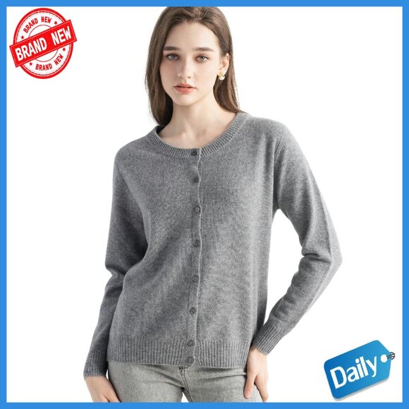 100% Pure Cashmere Cardigan Crew Neck Long Sleeve Warm Soft Knit Sweater